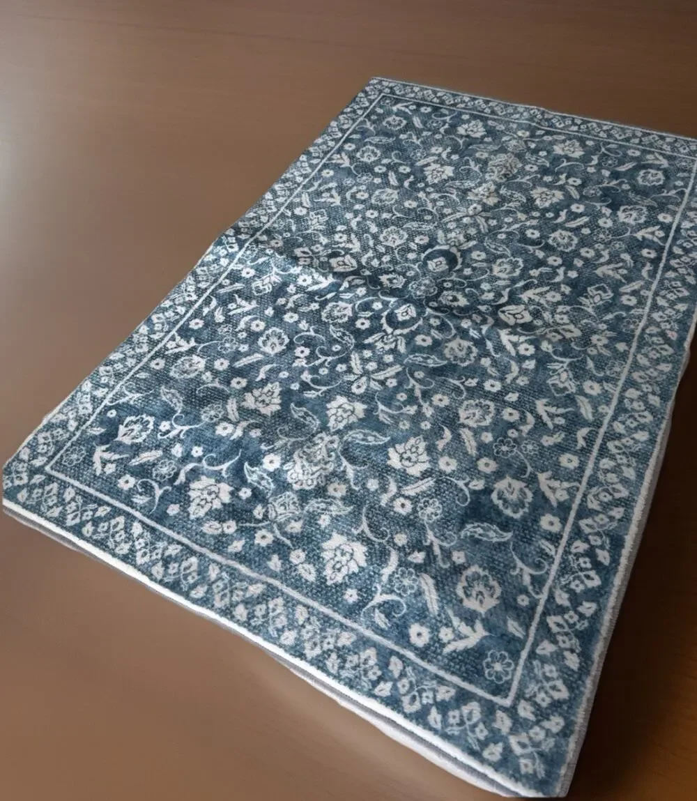 Blue White Floral Rectangle Area Rug 2x3 ft Washable, Blue/White Pattern